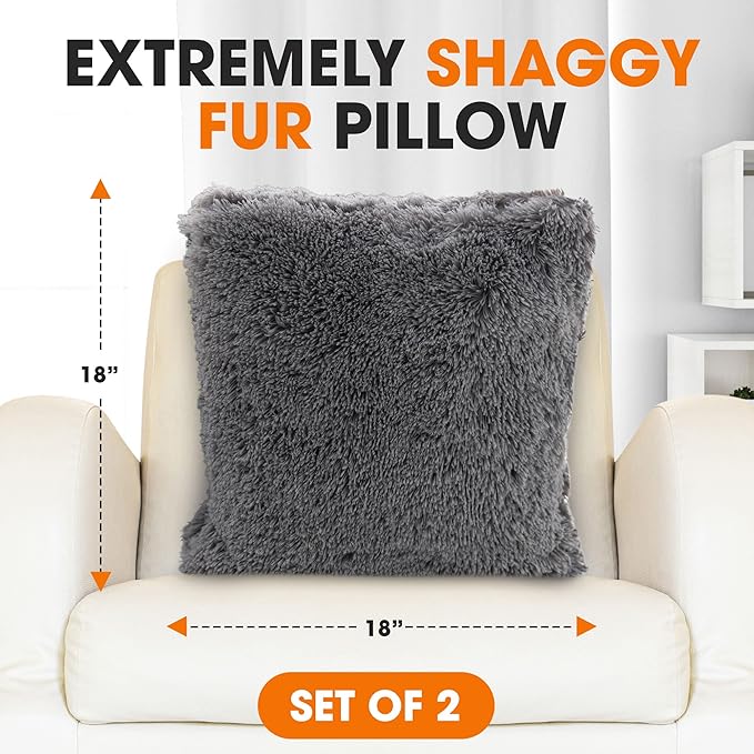 Cheer Collection Throw Pillows for Couch and Bed, Soft Shaggy Throw Pillows with Inserts Included, Cozy Long Hair Faux Fur Pillows - Set of 2-20" x 20" - Silver Gray