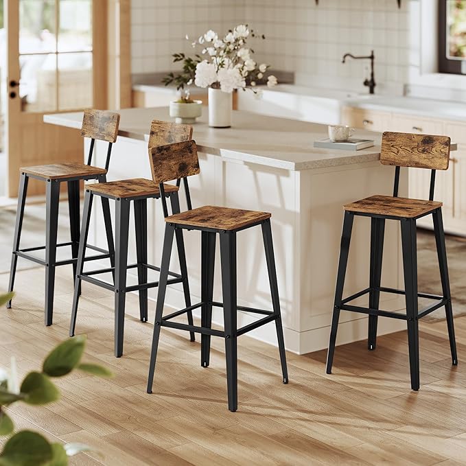 VASAGLE Set of 4 Bar Stools, Bar Height Stools, 29.1 Inches Tall Barstools with Back, Counter Bar Chairs for Kitchen Island, Steel Frame, Industrial Style, Easy Assembly, Rustic Brown and Ink Black