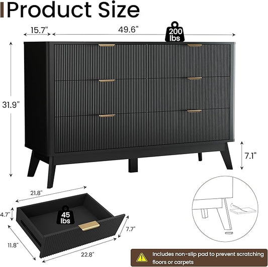 Fluted Dresser for Bedroom,49.6'' Modern Wooden Dresser with 6 Drawers, Bedroom Dressers, Natural Wood Chest of Drawers for Living Room, Hallway (Black)