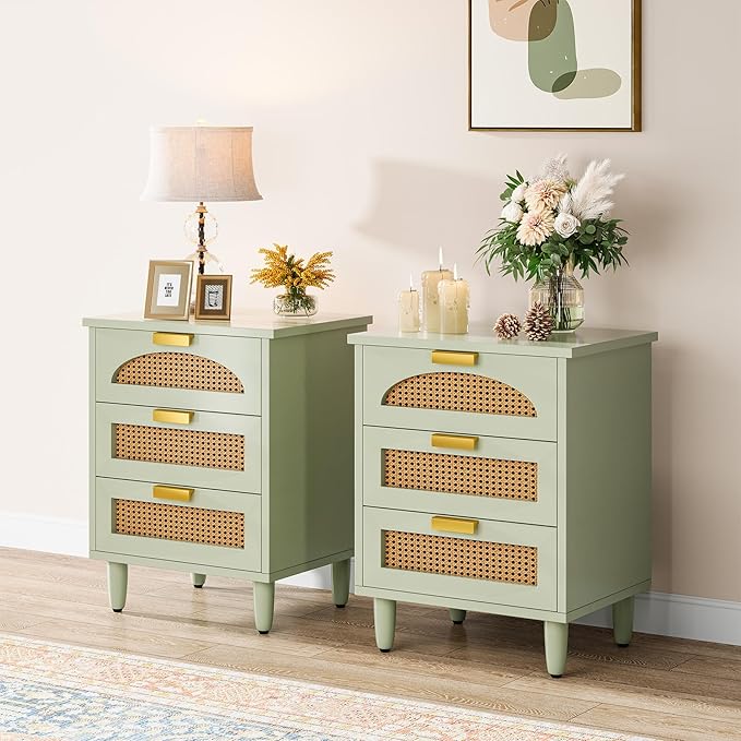 Tribesigns Mint Green Nightstand, 3-Drawer Rattan Night Stand Side Table, Accent Bedside Tables End Table for Bedroom and Small Spaces, Easy Assembly (2, Green)