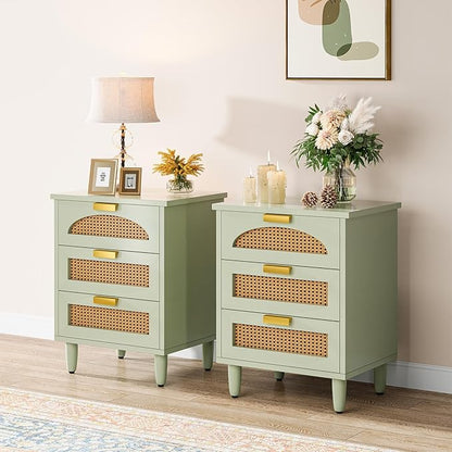 Tribesigns Mint Green Nightstand, 3-Drawer Rattan Night Stand Side Table, Accent Bedside Tables End Table for Bedroom and Small Spaces, Easy Assembly (2, Green)