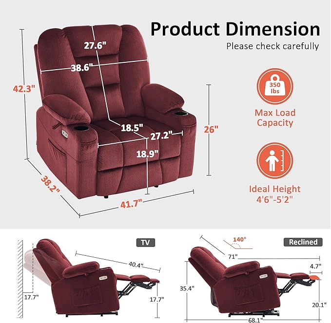 MCombo Oversized Power Lift Recliner Chair Sofa with Massage and Heat for Elderly People Petite, USB Ports, Side Pockets, Fabric R7561 (Burgundy, Small-Oversize)