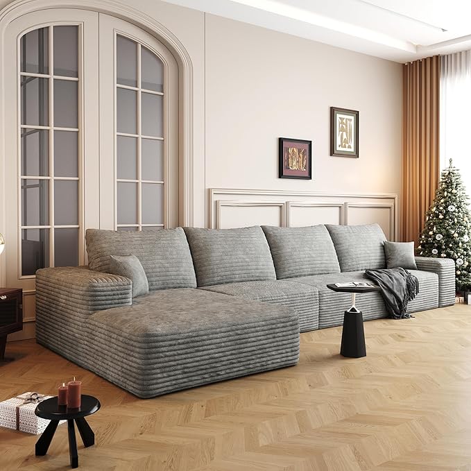 136" Sectional Couches for Living Room Modern Modular Sofa with L-Shape Couchs Upholstered Boneless Couch Deep Seat Sectional Couch with Chaise (Grey, Left Facing Chaise+3Seaters)