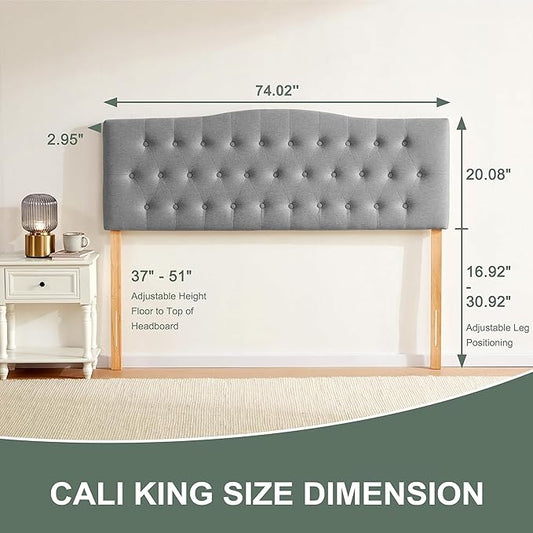Tufted Upholstered Headboard California King Size, Sturdy and Durable Solid Wood Bed headboard, Fabric Headboard Adjustable Height from 37” to 51”, Button Diamond Design Head Board, Grey