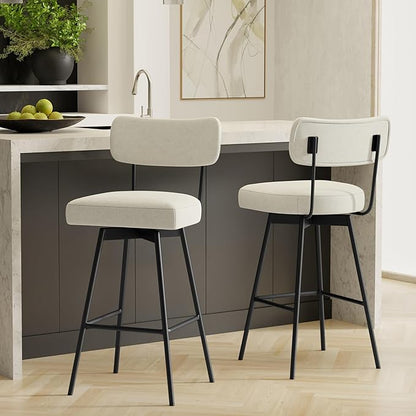SIMPLIHOME Giselle Counter Stools (Set of 2) - 24 Inch Seat Height Swivel Upholstered Metal Kitchen Stools in Natural Polyester Linen, Contemporary Modern Seating with Padded Seat and Backrest
