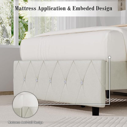 BarnFurin Twin Bed Frame with Diamond Tufted Headboard, Faux Leather Upholstered Bed with Wooden Slats Support, No Box Spring Needed, Mattress Foundation, Easy Assembly, Cream