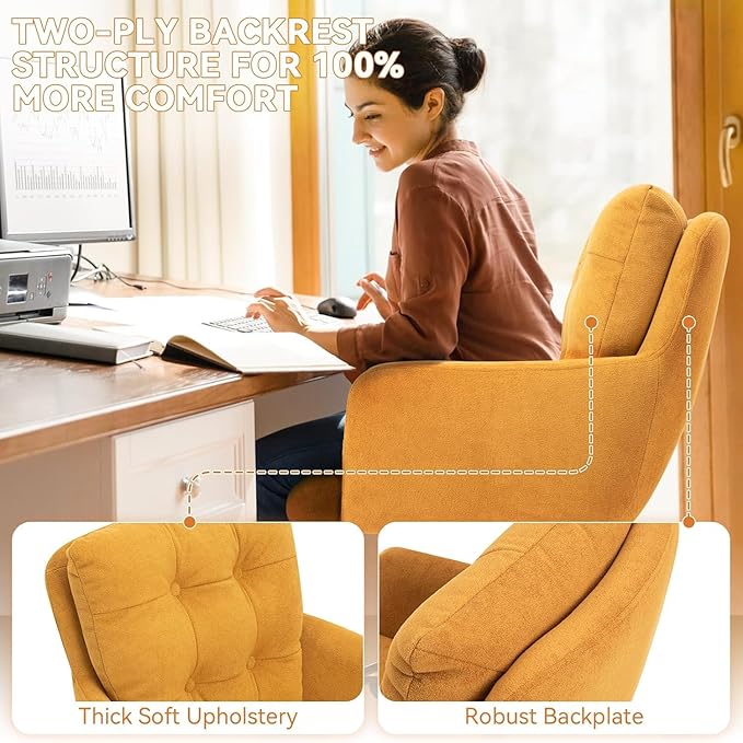 Velvet Office Chair, Comfy Home Office Desk Chairs with Lumbar Support, Modern Velvet Desk Chair Gold Legs Small Swivel Task Chair for Home Office, Bedroom, Study (Yellow, XL)