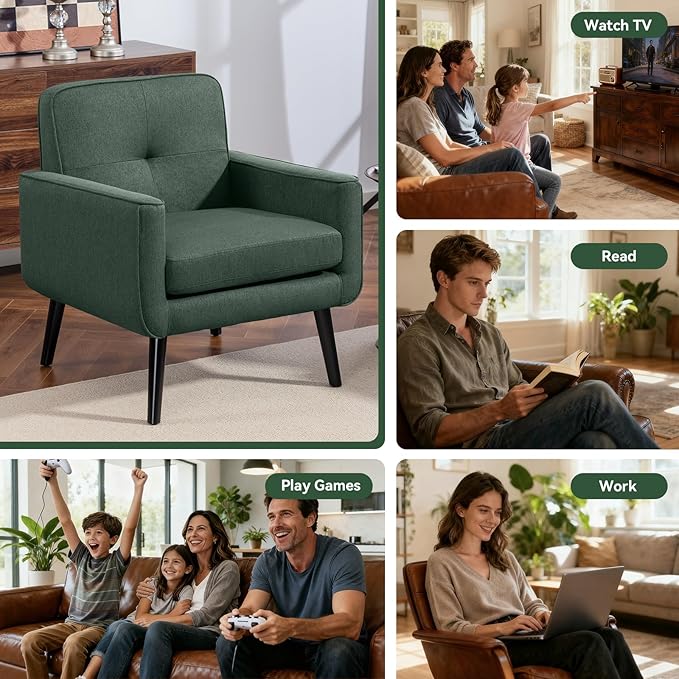 Accent Chair Set of 2, Fabric Modern Chair with Wooden Frame, Cozy Armchair Reading Chair with Comfy Back for Apartment, Living Room, Bedroom, Waiting Room, Small Space, Corner, Green