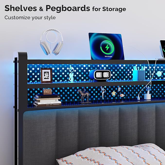 VINGLI King Size Headboard Only, Adjustable Upholstered Headboard with 3 Tier Shelves and Pegboard with Charging Stations and LED Lights, Modern Bed Headboard with Storage for Bedroom Decor
