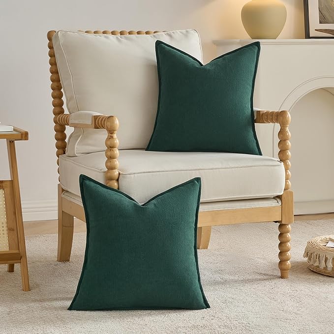 FUTEI Christmas Dark Green Chenille Throw Pillow Covers 16x16 Inch Set of 2,Edges Double-Stitched Cushion Cases,Modern Home Decor for Couch Living Room