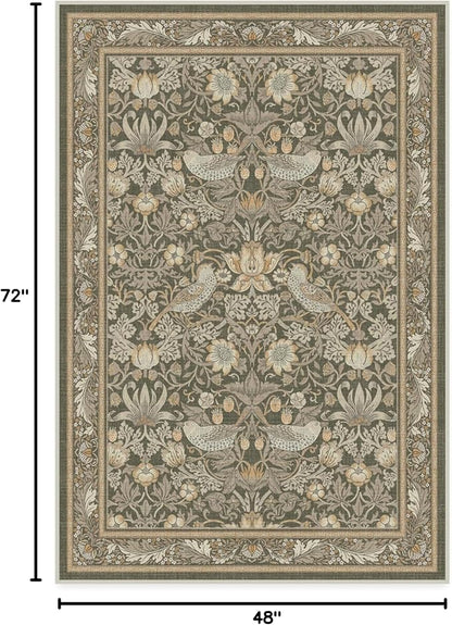 RUGGABLE x Morris & Co Washable Area Rug–Strawberry Thief Stone Gold 4x6, Stain-Resistant, Non-Slip–Medium Machine Washable Rugs for Living Room, Bedroom, Hallway, Entryway & Office–with Standard Pad