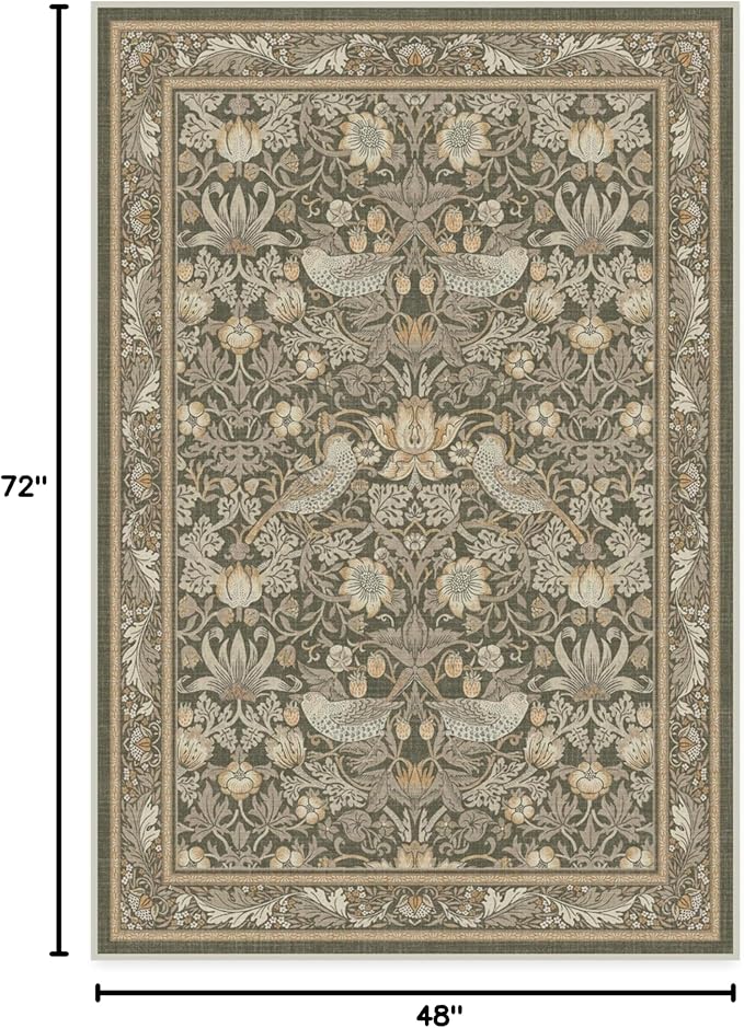RUGGABLE x Morris & Co Machine Washable Area Rug – Strawberry Thief Stone Gold 4x6, Stain-Resistant, Non-Slip – Medium Rugs for Living Room, Bedroom, Hallway, Entryway & Office–with Cushioned Pad