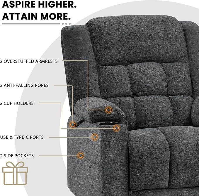 EONIX Dual Motor Lay Flat Power Lift Recliner Chair for Elderly, Electric Recliner Lift Chair for Adults with Heat and Massage, Cup Holders, 400lbs Heavy Duty, SLRY014062, Dark Grey