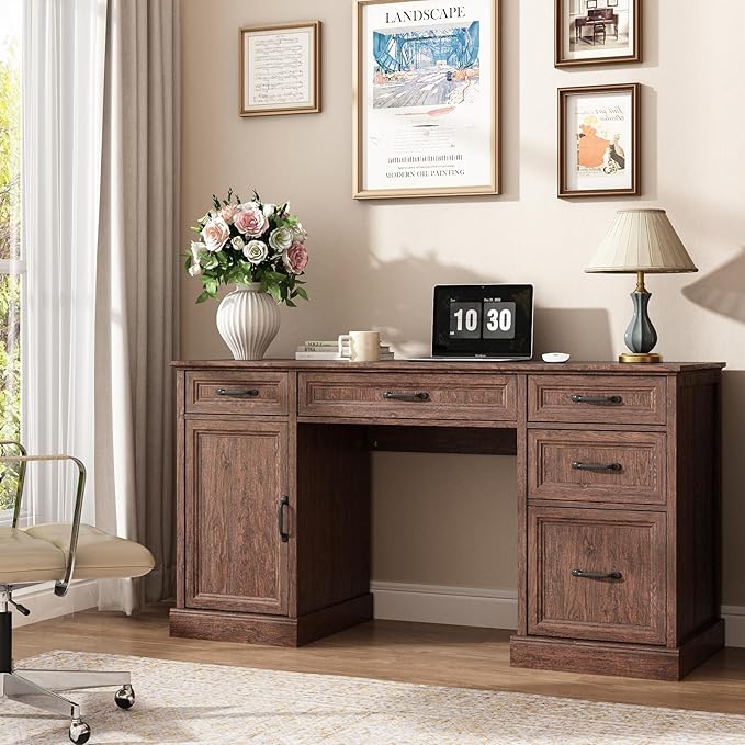 CARPETNAL 58'' Farmhouse Executive Desk with Drawers, Home Office Desk with File Drawer and Storage Cabinet, Rustic Computer Desk for Working, Studying, Writing, Brown