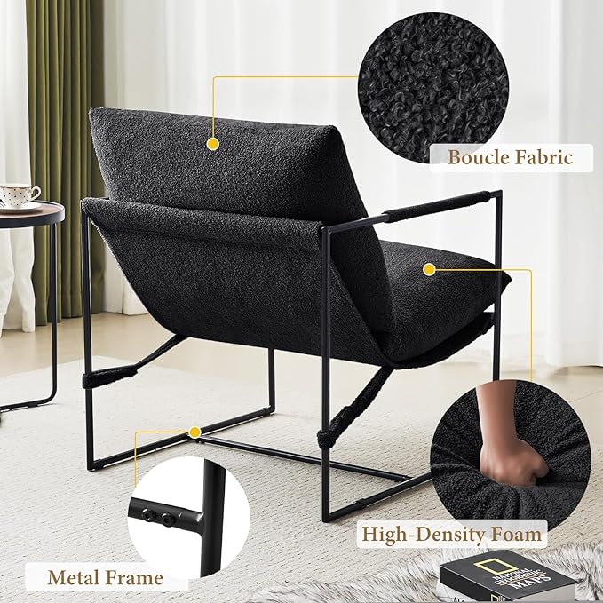 Furnilivng Large Sling Accent Chair Set of 2, Comfortable Boucle Fabric Arm Chair, Upholstered Cozy Reading Chair for Living Room, Bedroom, Dressing Room, Home Office, Black