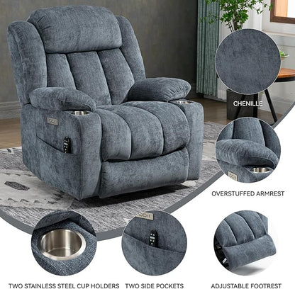 Power Lift Chair for Elderly, Electric Recliner Chair with 8-Point Vibration Massage and Lumbar Heating, Charging Ports, Cup Holders - Blue