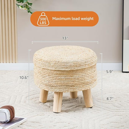 Cpintltr Storage Ottoman Poufs Handwoven Footstool Natural Seagrass Round Footrest Stool with 4 Wood Legs Soft Padded Outdoor Seat for Hallway Lounge Bedroom Garden