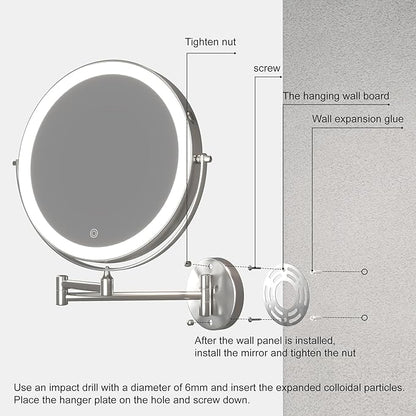 Hasipu 8.5-Inch Wall Mounted Makeup Mirror with Magnification, Rechargeable 2000 mAh Vanity Mirror with Lights, Bathroom Mirror with Dimmable Brightness, 3 Lighting Modes, Extendable Arm, Nickel
