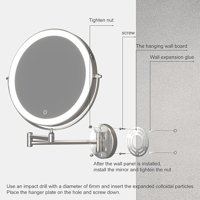 Hasipu 10-Inch Wall Mounted Makeup Mirror with Magnification, Rechargeable 3000 mAh Vanity Mirror with Lights, Bathroom Mirror with Dimmable Brightness, 3 Lighting Modes, Extendable Arm, Nickel