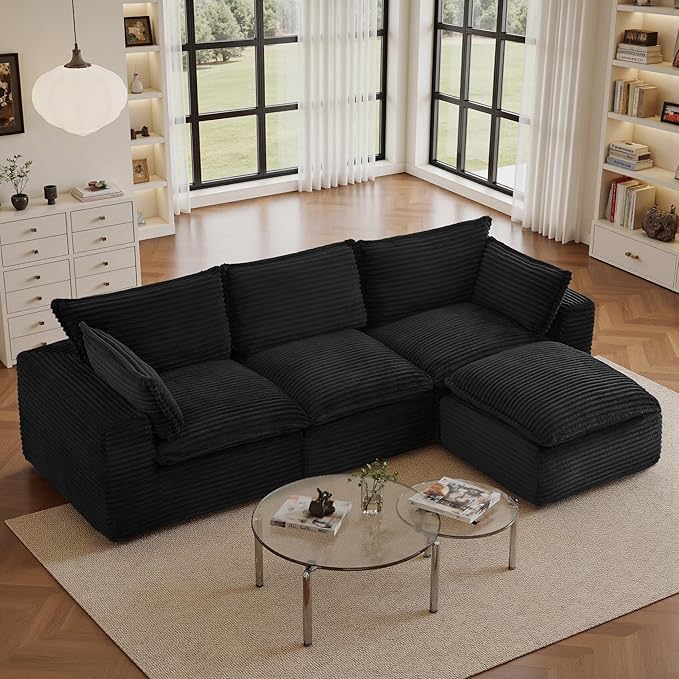 108" Sectional Couches for Living Room Boneless Couch Upholstered Cloud Couch Sectional Modular Sectional Sofa with L Shaped (Corduroy-Black, 3 Seat+1 Ottoman)