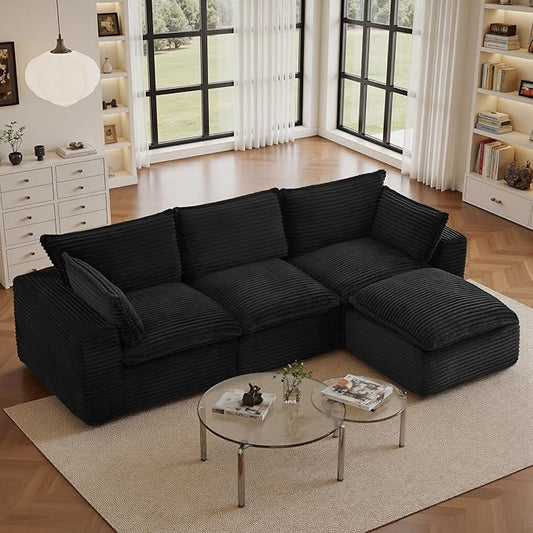 108" Sectional Couches for Living Room Boneless Couch Upholstered Cloud Couch Sectional Modular Sectional Sofa with L Shaped (Corduroy-Black, 3 Seat+1 Ottoman)