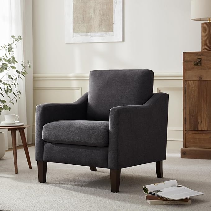 VKNOW Mid Century Modern Accent Chair, Upholstered Living Room Chairs Armchair for Bedroom, Comfy Reading Accent Chairs with Wood Legs for Living Room (2, Dark Grey)