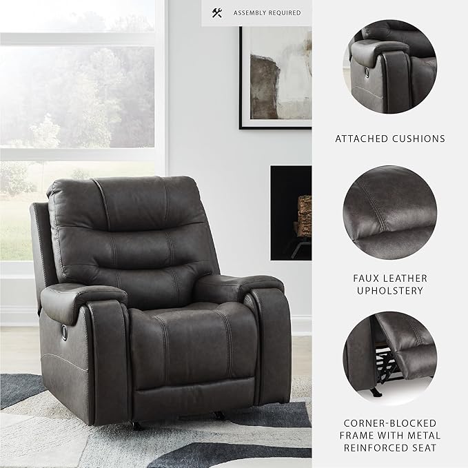 Signature Design by Ashley Trumble Modern Faux Leather Manual Rocker Recliner with Track Arms, Gray