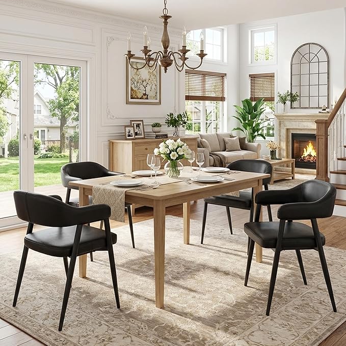 HNY Modern Dining Room Arm Chairs Set of 4, Retro Faux Leather Upholstered Barrel Dining Chairs with Arms Mid-Century Black Accent Chair with Metal Legs, Open-Back Kitchen Side Chair for Living Room
