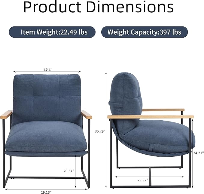 FLEXISPOT Accent Chair for Living Room,Arm Chair for Bedroom,with Wooden Arms, Wide Large Plus Size Cushion,Metal Frame,Reading Bedroom Chair Armchair for Home/Office/Cafe/Apartment/Waiting Room,Blue