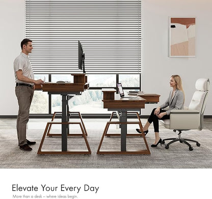 EUREKA ERGONOMIC L Shaped Desk 63", Solid Walnut Wood Top, Executive Standing Desk Adjustable Height, Dual Motor Corner Workstation with Drawers & Monitor Shelf for Home Office, Left