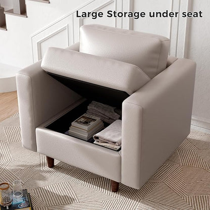 ABCASA Faux Leather Oversized Accent Chair with Storage Deep Seat Single Sofa Large Reading Armchair for Living Room Bedroom Office Whitesand