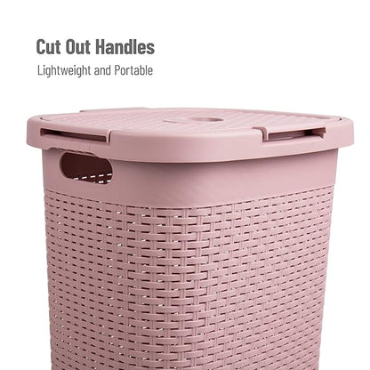 Mind Reader Slim Laundry Hamper with Lid, 60L Clothes Basket, Premium Wicker Design, Plastic, Pink