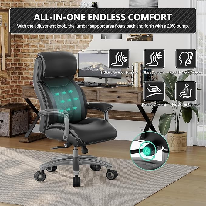 Big and Tall Office Chair with Wide Area Armrest, 600lbs Heavy Duty Desk Chair with Adjustable Lumbar Support, PU Leather High Back Ergonomic Executive Computer Chair with 3'' Silent Casters