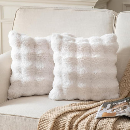 Pack of 2 Thick Plush Throw Pillow Covers Fluffy Wave Faux Fur Decorative Cushion Covers Soft Wool Pillowcase for Sofa Couch Livingroom 18x18 Inch White
