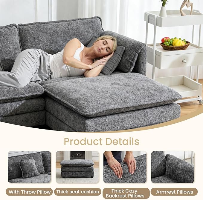 76.2" Modular Sectional Sofa with Movable Ottoman, Deep Seat couches for Living Room, 2 Seater Loveseat Sofa, L Shaped Comfy Cloud Couch with Removable Cover, Armrest Pillow (Grey)