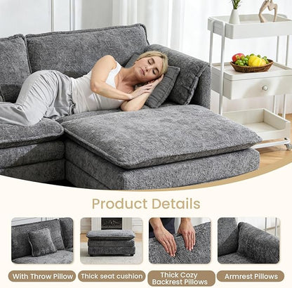 112" U Shaped Modular Sectional Sofa, 3 Seater Comfy Cloud Couch with Movable Ottoman, Deep Seat Couches for Living Room, Bedroom, Apartment (Grey)