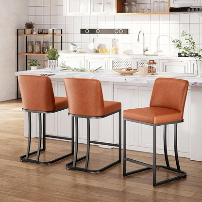 Sophia & William Bar Stools Set of 3,Counter Height 24" Bar Stools with Back,Modern Faux Leather Bar Chairs for Kitchen Island,Brown