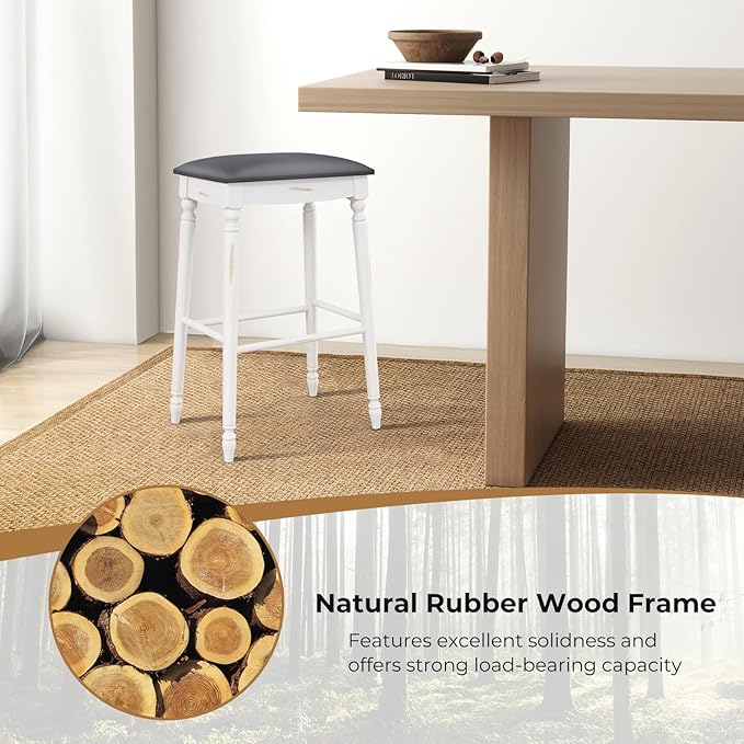 COSTWAY Upholstered Bar Stools Set of 2, 29-Inch Backless Counter Height Dining Stools with Delicate Wood Carving, Footrest, Solid Rubber Wood Frame, Farmhouse BarStools for Kitchen Island Bar, White