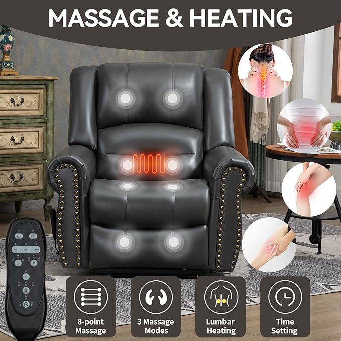 Luxlen Power Lift Recliner Chair for Elderly, Dual Motor Massage Recliner with Lumbar Heat, Heavy Duty Motion Mechanism Lift Chair with Charge Ports, Faux Leather - Gray