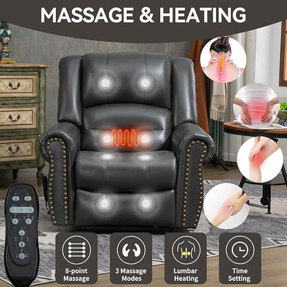 Luxlen Power Lift Recliner Chair for Elderly, Dual Motor Massage Recliner with Lumbar Heat, Heavy Duty Motion Mechanism Lift Chair with Charge Ports, Faux Leather - Gray