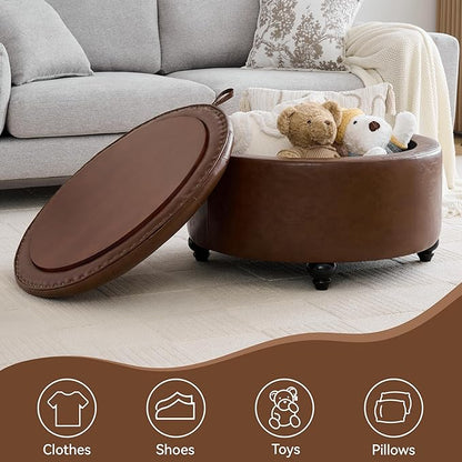 30Inch Round Storage Ottoman with Tray, Modern Tufted Leather Circle Coffee Table with Storage, Upholstered Ottoman with Removable Top for Living Room, Bedroom, Leather Coffee