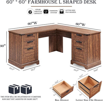 RedLemon 60" Farmhouse L Shaped Executive Desk with Drawers, Wood Home Office Corner Desk with Charging Station, File Drawer, Storage Cabinet, Rustic Computer Writing Desk (Reclaimed Barnwood)