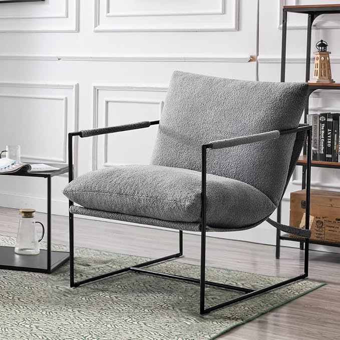 Sling Accent Chair with Metal Frame, Comfortable Boucle Fabric Arm Chair, Upholstered Cozy Reading Chair for Living Room, Bedroom, Dressing Room, Home Office, Grey