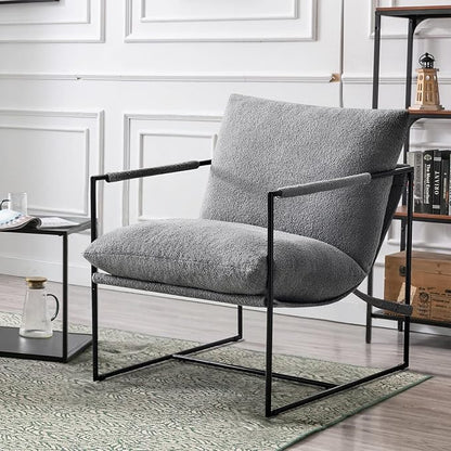 Sling Accent Chair with Metal Frame, Comfortable Boucle Fabric Arm Chair, Upholstered Cozy Reading Chair for Living Room, Bedroom, Dressing Room, Home Office, Grey