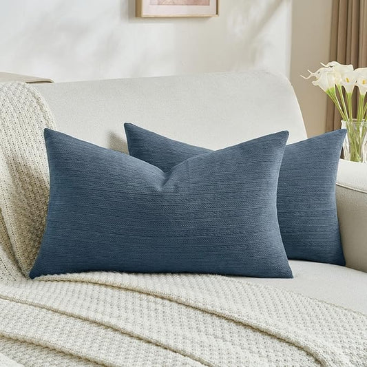 FUTEI Navy Blue Decorative Throw Pillow Covers 12x20 Inch Set of 2,Soft Cozy Wheat Ear Striped Patterns Lumbar Pillow Cases,Modern Home Decor for Couch Bed Living Room