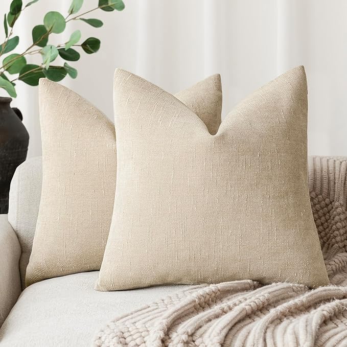 Foindtower Pack of 2 Soft Textured Chenille Throw Decorative Pillow Covers Square Accent Solid Cushion Cover Cozy Neutral Farmhouse Pillow Case for Couch Sofa Bedroom Living Room 24x24 Inch, Beige
