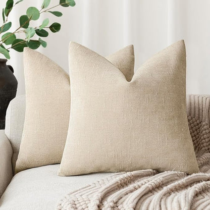 Foindtower Pack of 2 Soft Textured Chenille Throw Decorative Pillow Covers Square Accent Solid Cushion Cover Cozy Neutral Farmhouse Pillow Case for Couch Sofa Bedroom Living Room 24x24 Inch, Beige