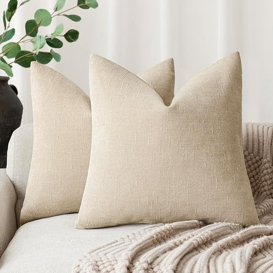 Foindtower Pack of 2 Soft Textured Chenille Throw Decorative Pillow Covers Square Accent Solid Cushion Cover Cozy Neutral Farmhouse Pillow Case for Couch Sofa Bedroom Living Room 24x24 Inch, Beige