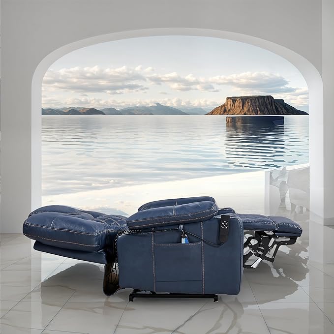 Lift Chair for Elderly: 9988 High Density Foam Lay Flat Heat and Massage, Reclining to 180, 2 Pockets Cup Holders, 2 Remote Controls, Dual OKIN Motors - Breathable Leather Navy Blue