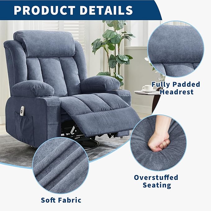 Rocking Recliner Chair with Heat and Massage, Nursery Recliner 360° Swivel Oversized Chairs for Adults, Lazy Boy Single Sofa Seat with 3 Positions, 2 Side Pockets, Cup Holders, and USB Ports, Blue